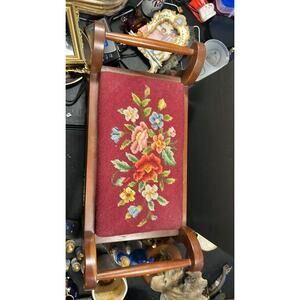 1032. Vintage Needlepoint Footstool - Red